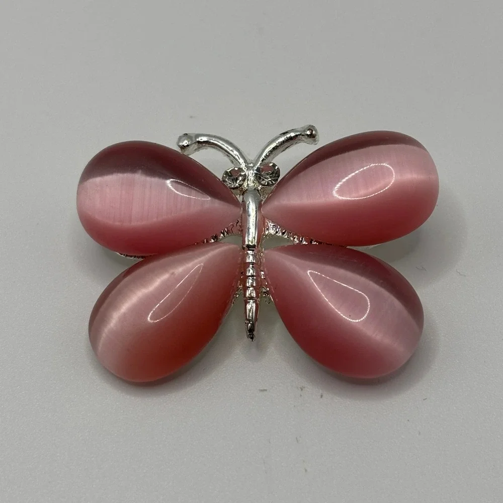 Sonoma‎ Pink Cats Eye Butterfly Brooch Silver Tone Whimsical Insect Pin